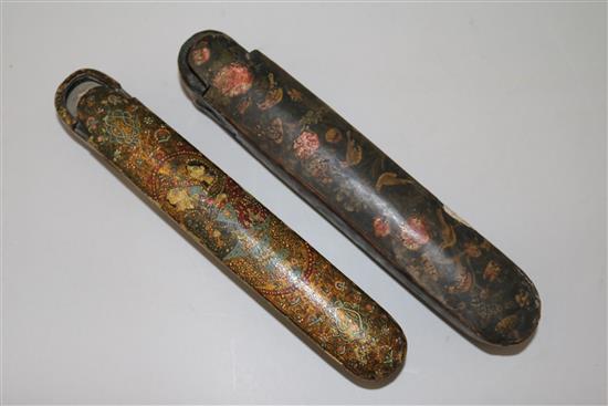 Two antique Persian scribes papier mache pen boxes, 8.5in.